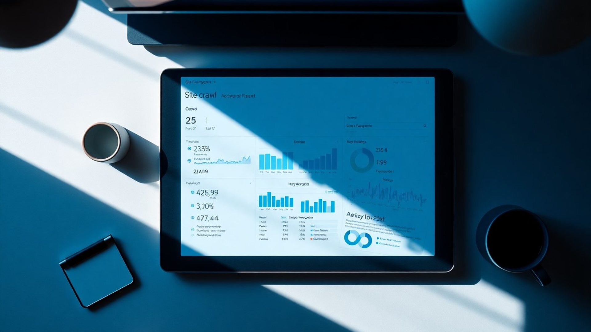 Overhead view of a laptop showing an SEO crawl report with blue data visualisations