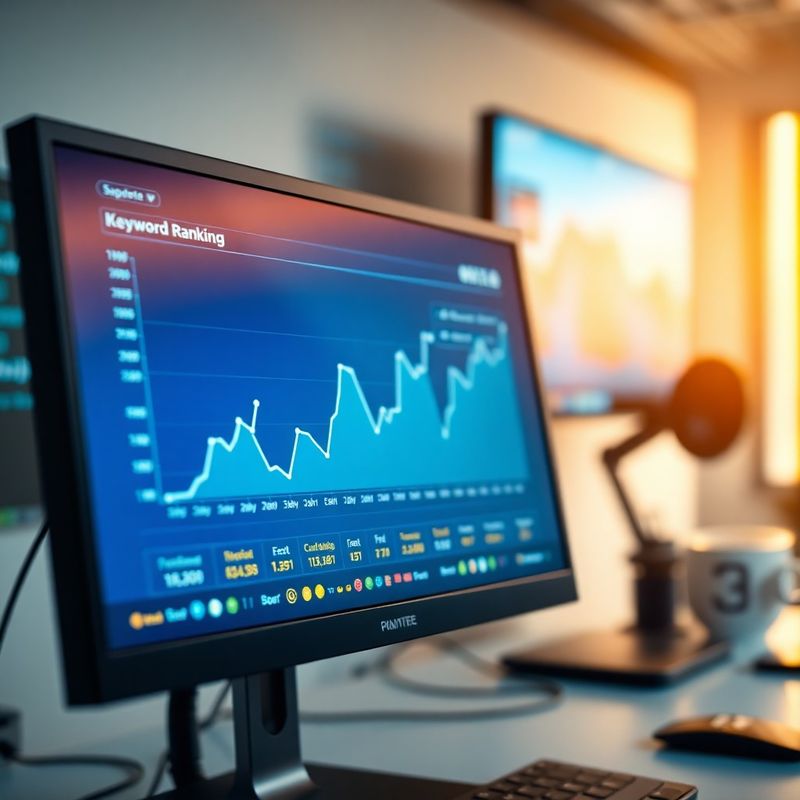 Monitor displaying a keyword ranking dashboard in blue tones